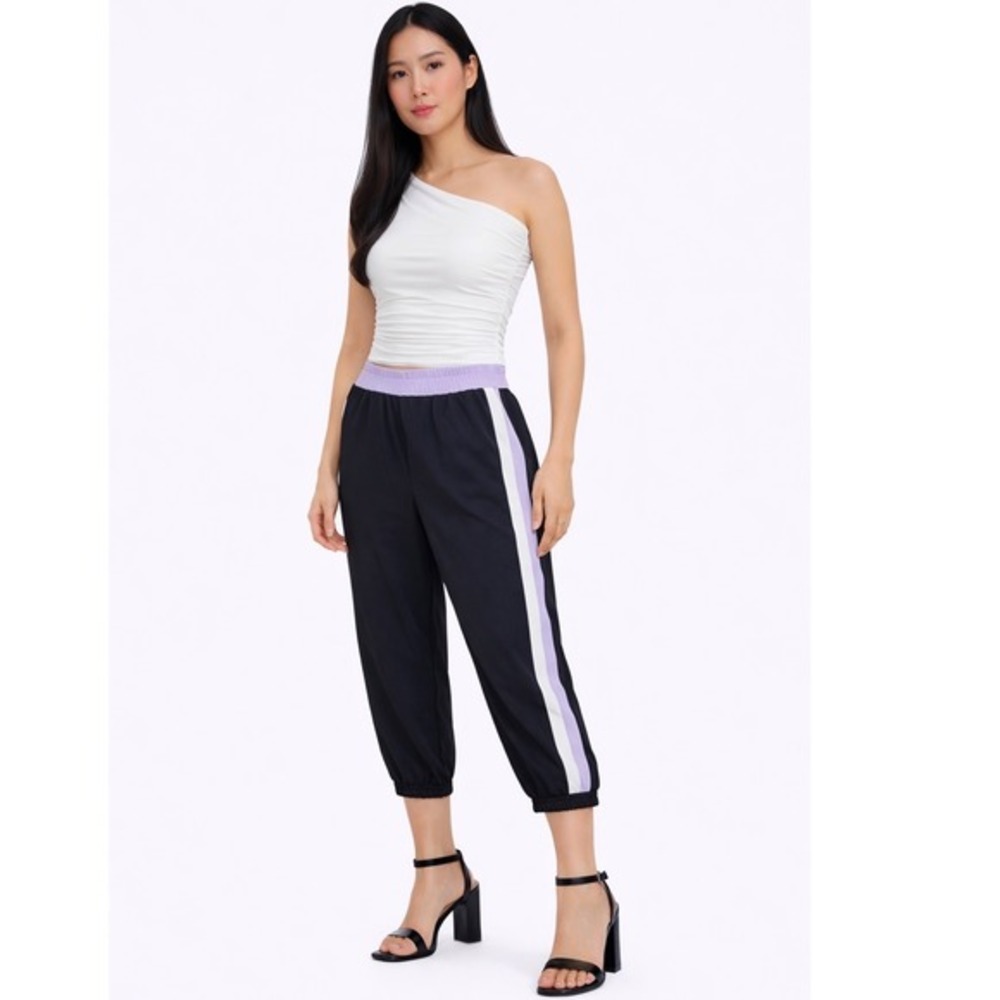 Zara Black Lilac Purple Side Stripe Jogger Pants Elastic Waist XL Preppy 74-01 - Picture 1 of 11
